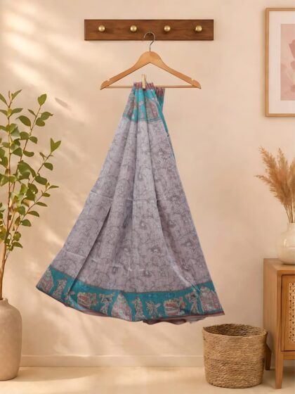 Chanderi Cotton Sarees Beige With Rama Green