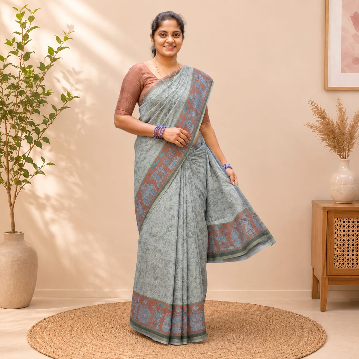 Chanderi Cotton Sarees Green With Orange - Image 2