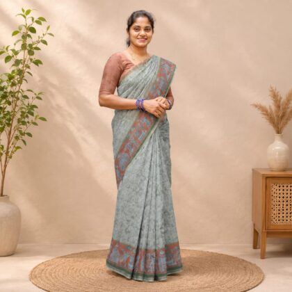Chanderi Cotton Sarees Green With Orange