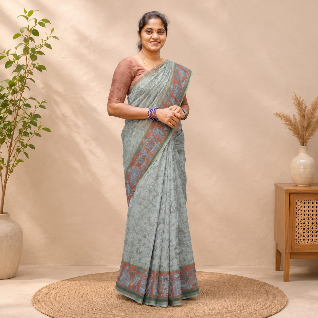Chanderi Cotton Sarees Green With Orange