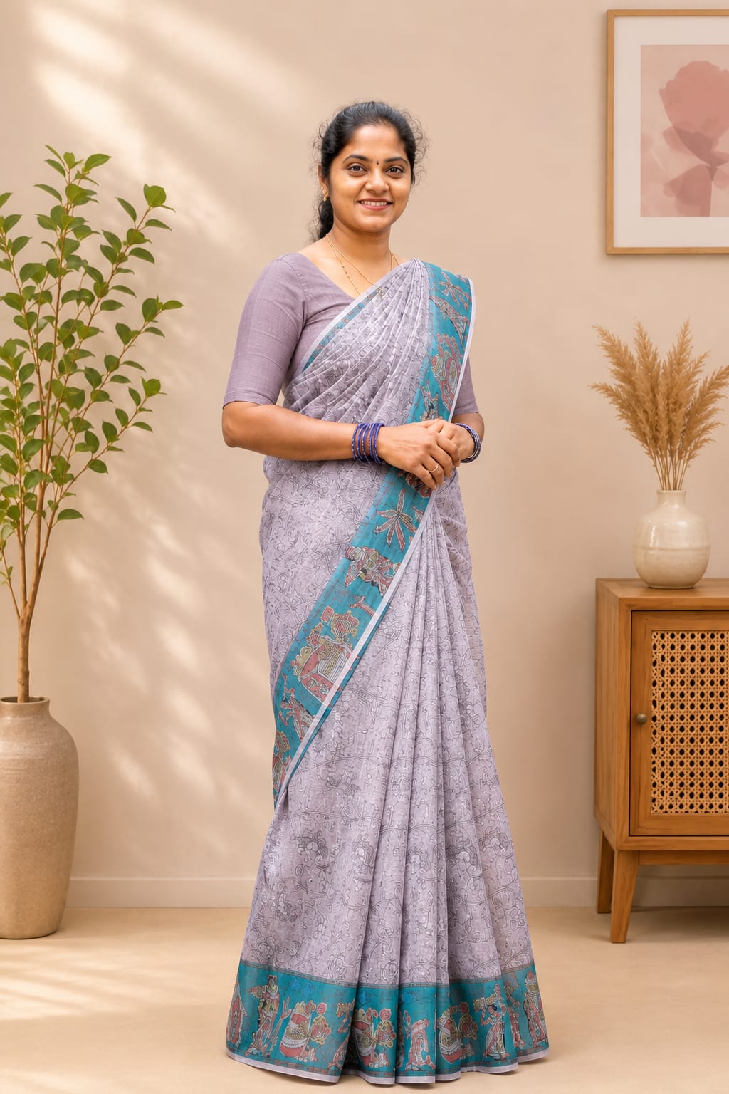 Chanderi Cotton Sarees Beige With Rama Green - Image 2