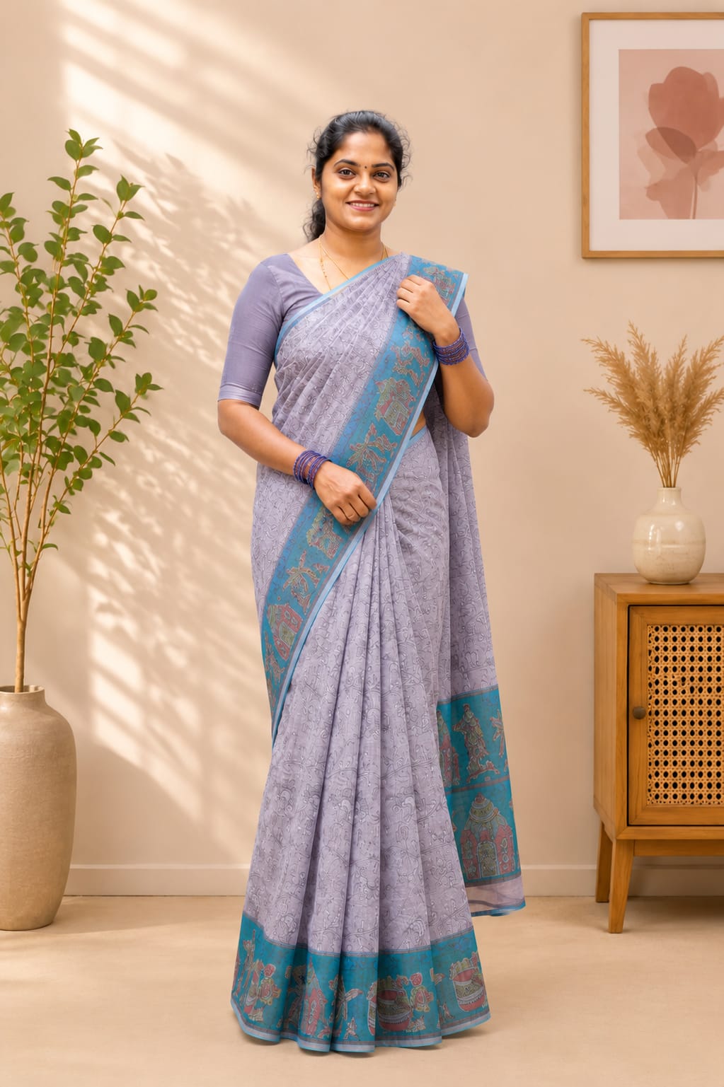 Chanderi Cotton Sarees Beige With Rama Green