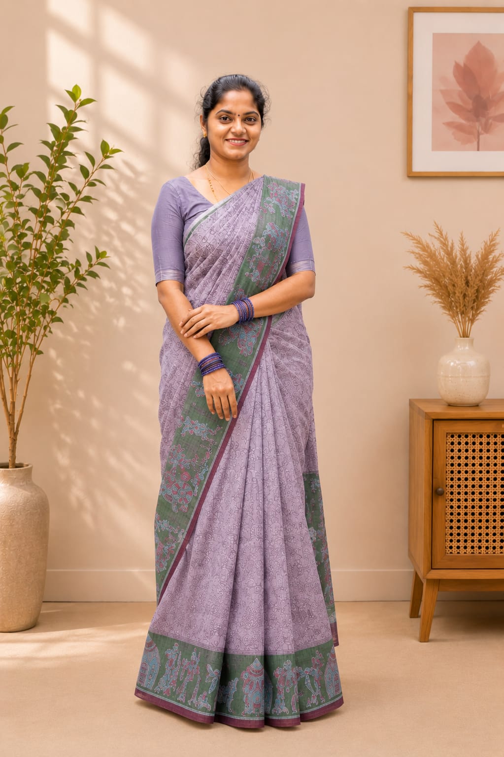Chanderi Cotton Sarees Lilac With Green