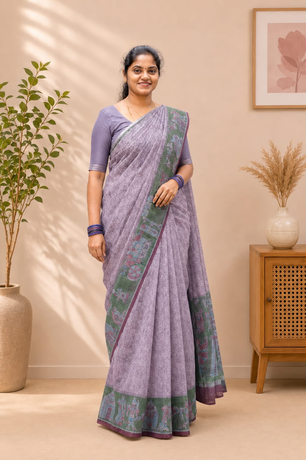 Chanderi Cotton Sarees Lilac With Green - Image 2
