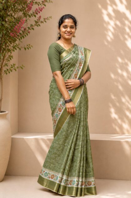 Silk Printed Saree Olive Green