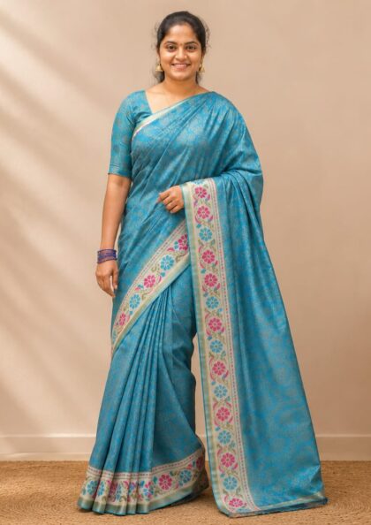 Silk Printed Saree Aqua Blue