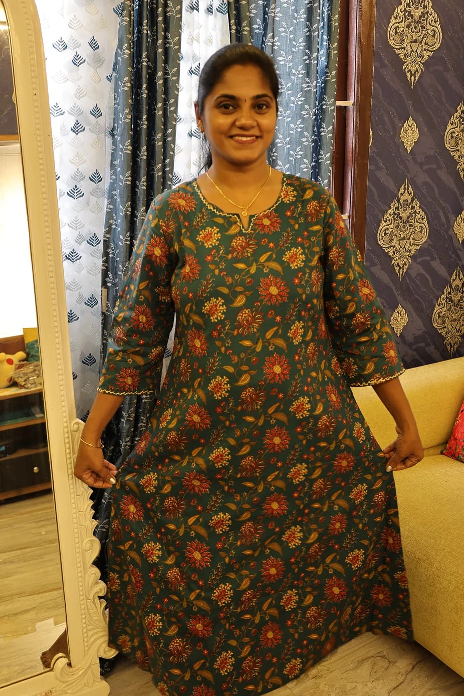 A Line Cotton Kurti Teal Green - Image 2