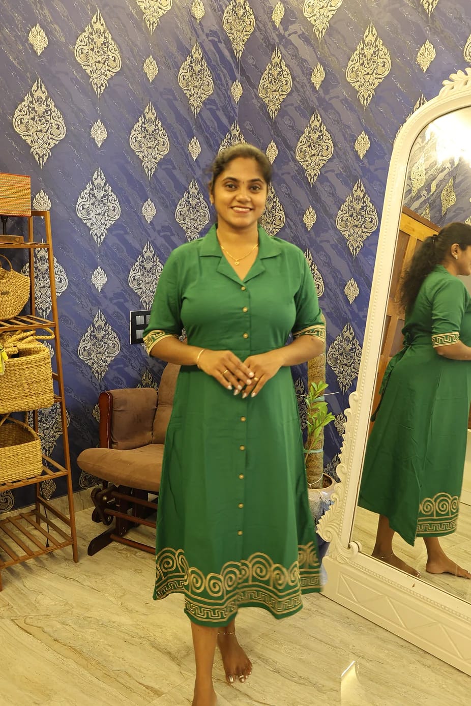 Cotton Notched Collar Dress Green
