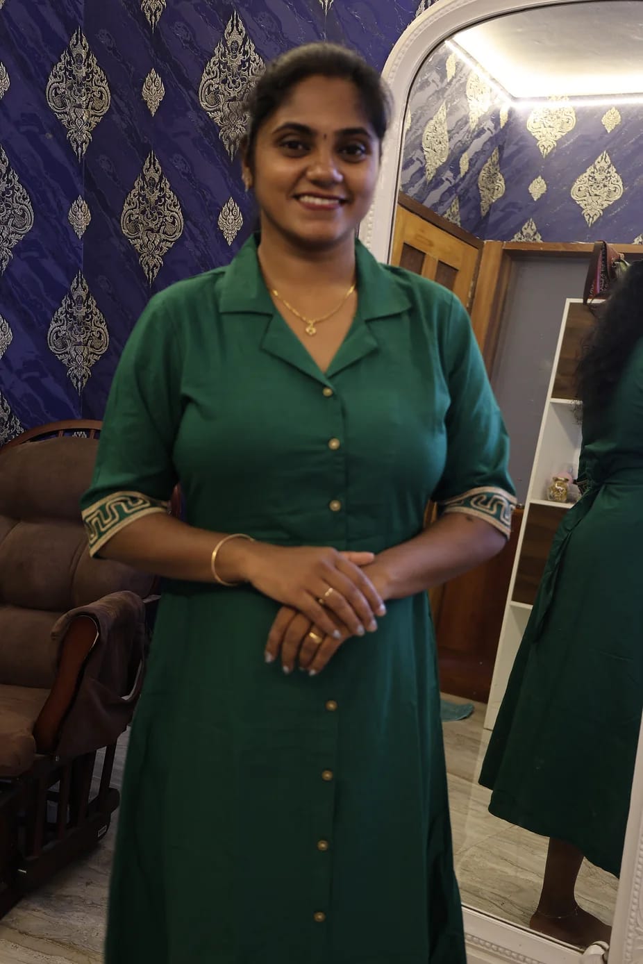 Cotton Notched Collar Dress Green - Image 2