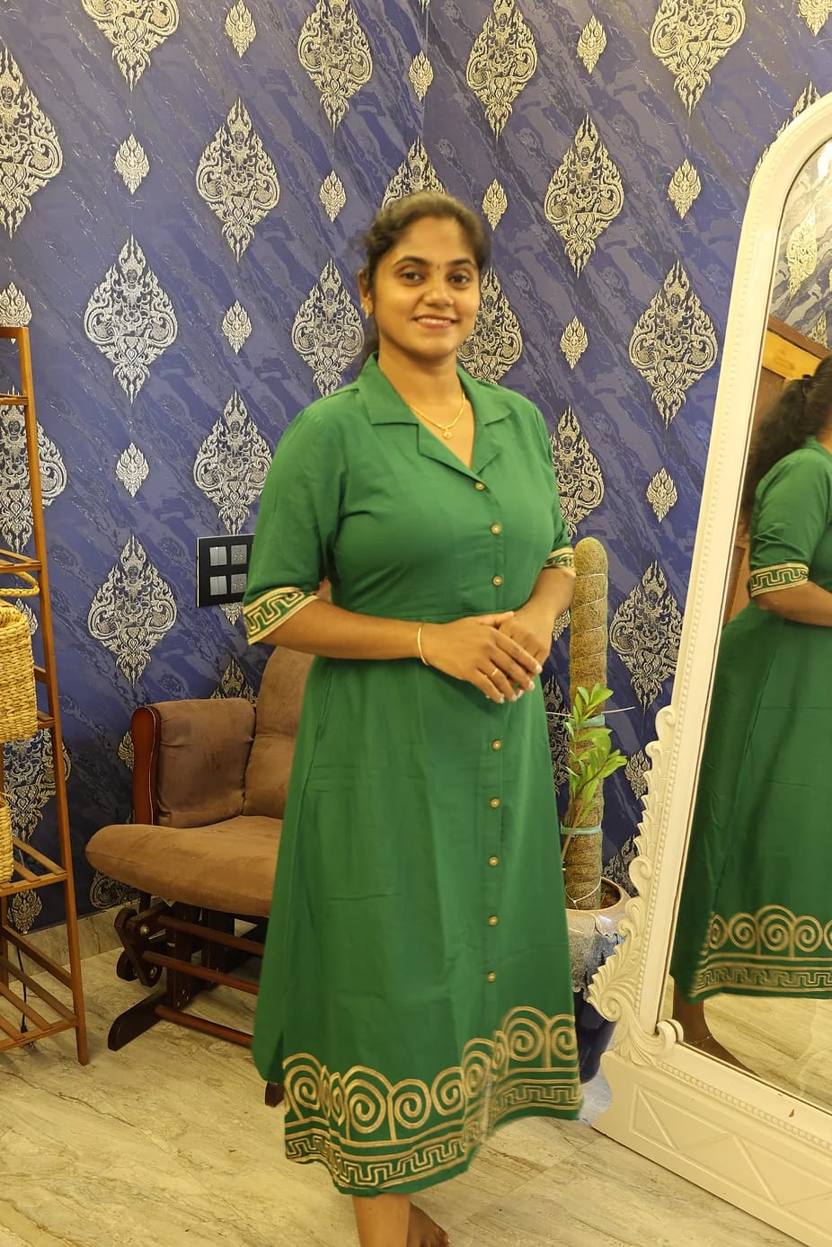 Cotton Notched Collar Dress Green - Image 3
