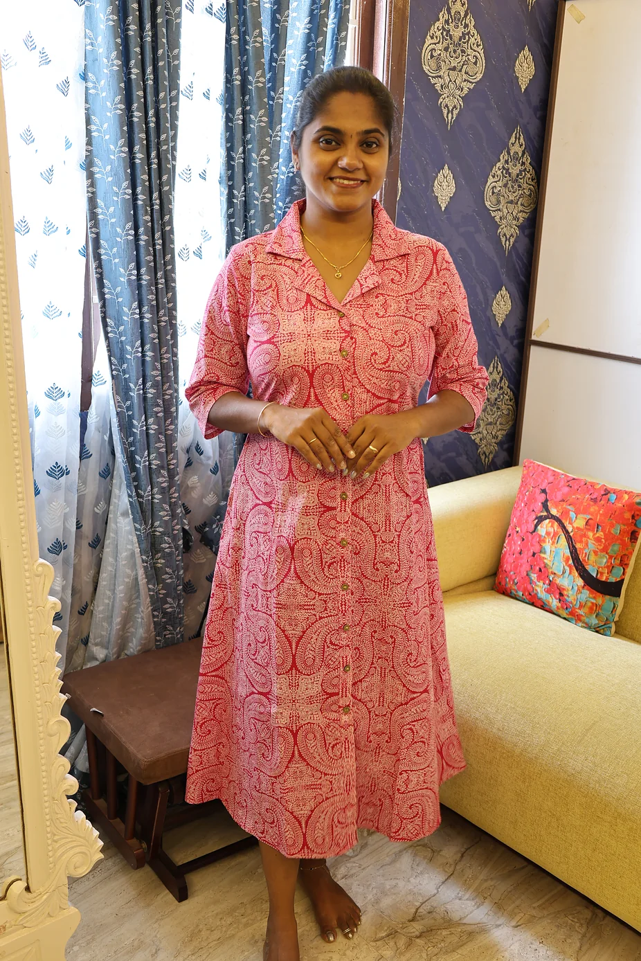 Pure Cotton Collar notch Night dress Deep Pink - Image 3