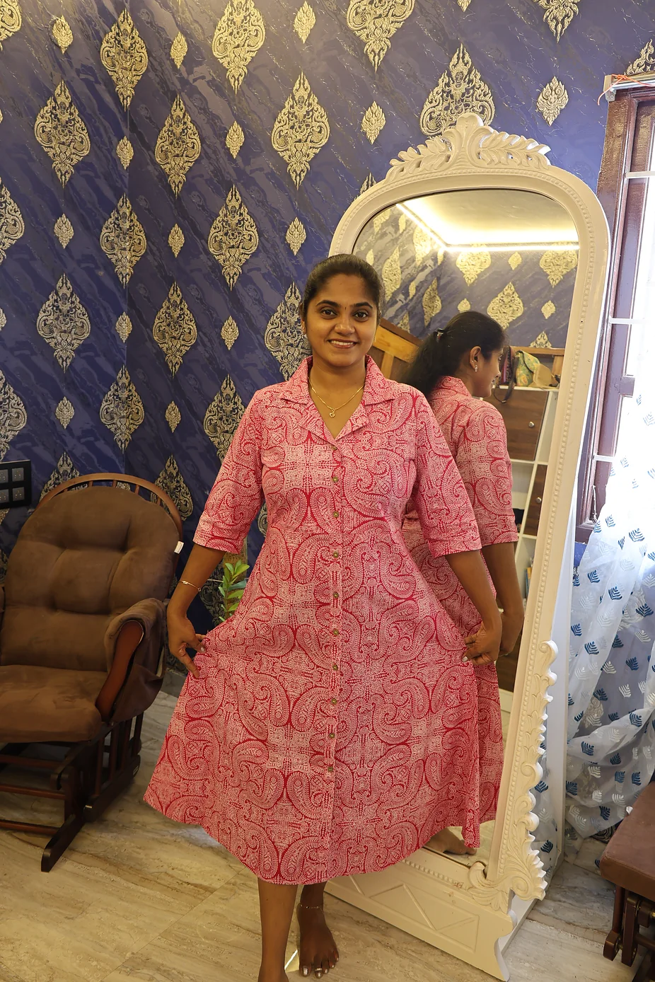 Pure Cotton Collar notch Night dress Deep Pink - Image 2
