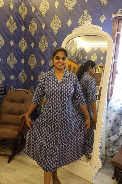 Pure Cotton Collar Notch Night Dress Navy Blue