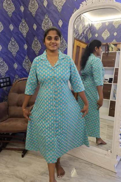 Pure Cotton Collar Notch Night Dress Sea Green