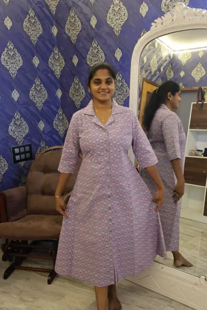 Pure Cotton Collar Notch Night Dress Lavender