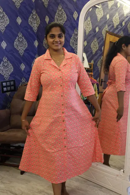 Pure Cotton Collar Notch Night Dress Peach