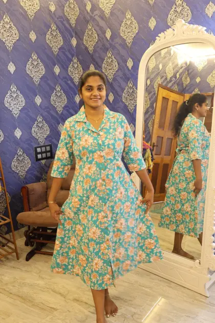 Pure Cotton Collar Notch Night Dress Teal Green