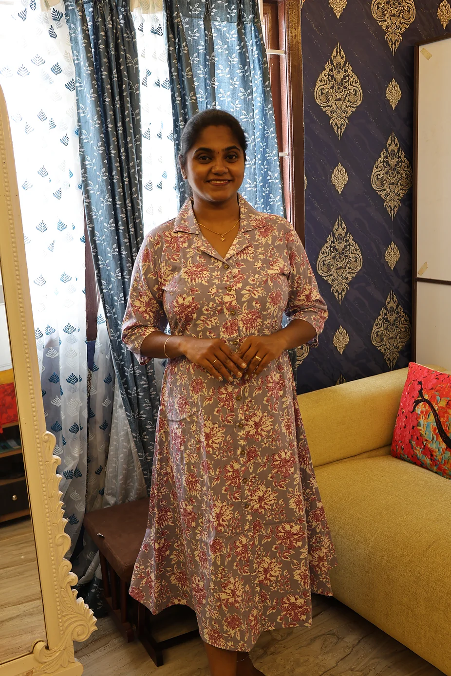Pure Cotton Collar Notch Night Dress Grey - Image 2