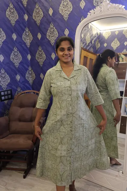 Pure Cotton Collar Notch Night Dress Green