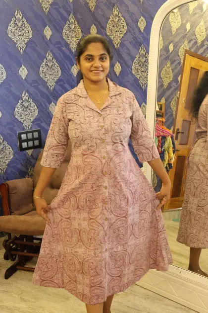 Pure Cotton Collar Notch Night Dress Brown