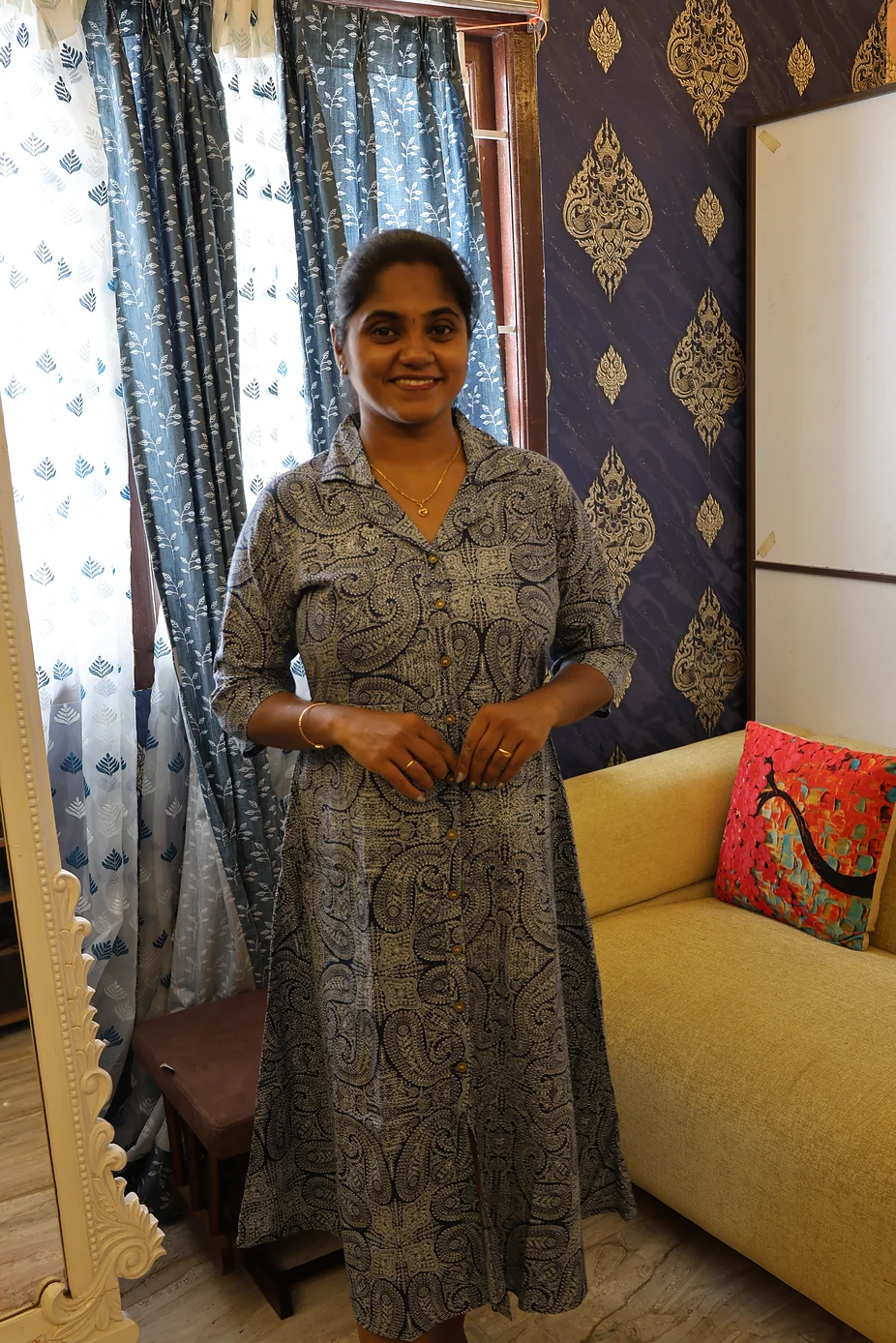 Pure Cotton Collar Notch Night dress Blue - Image 2
