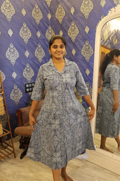 Pure Cotton Collar Notch Night dress Blue