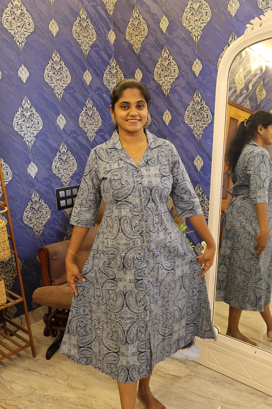 Pure Cotton Collar Notch Night dress Blue