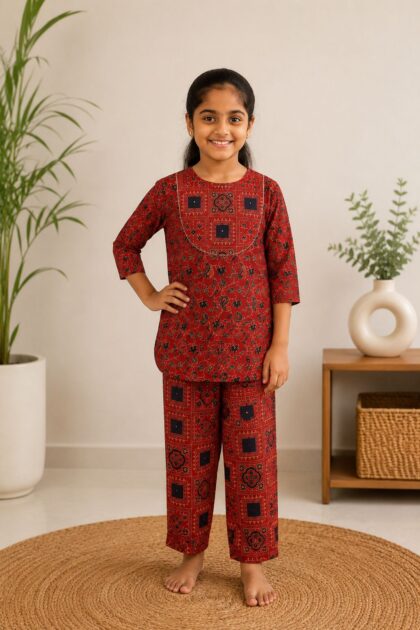 Kids Cotton Co-ord Set Deep Red