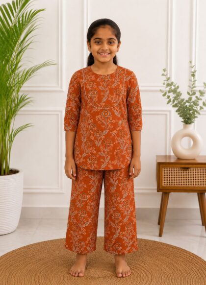 Kids Cotton Co-ord Set Brick Red
