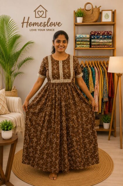 Cotton Printed Nighty Coffee Brown Hand Block Design