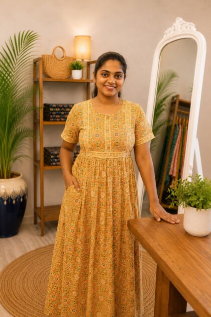 Cotton Printed Nighty Yellow Rangoli Design