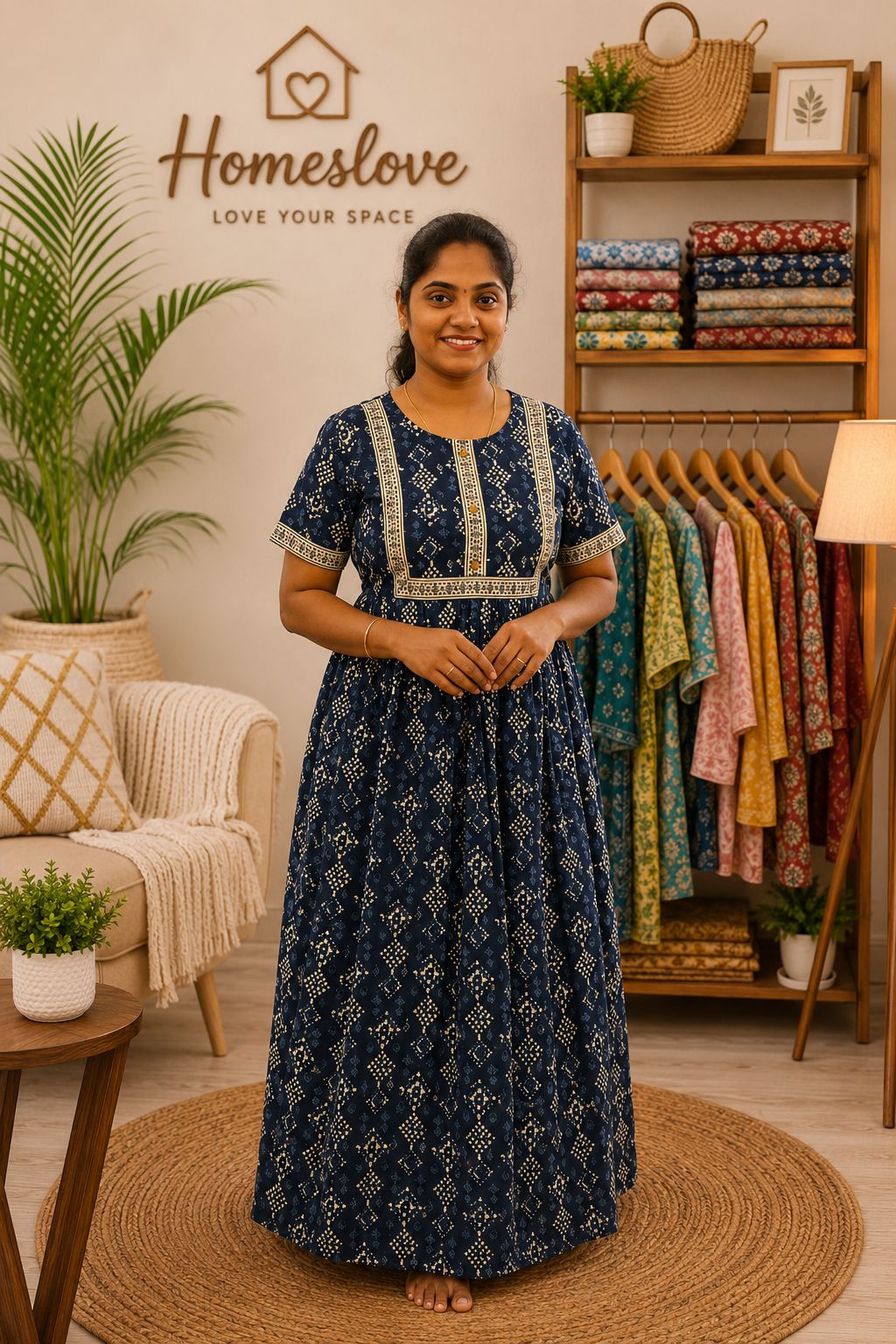 Cotton Printed Nighty Navy Blue Hand Block Design