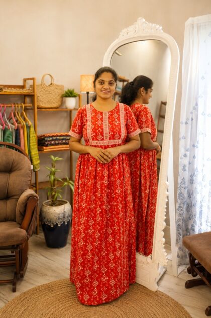 Cotton Printed Nighty Red Hand Block Design