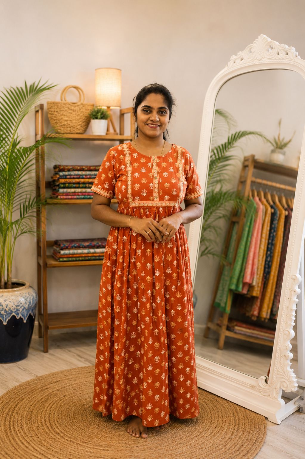 Cotton Printed Nighty Brick Red Floral