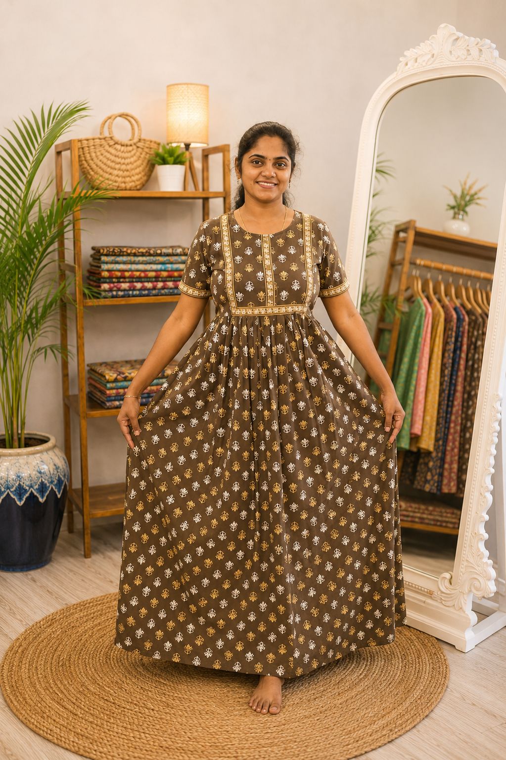 Cotton Printed Nighty Brown Floral