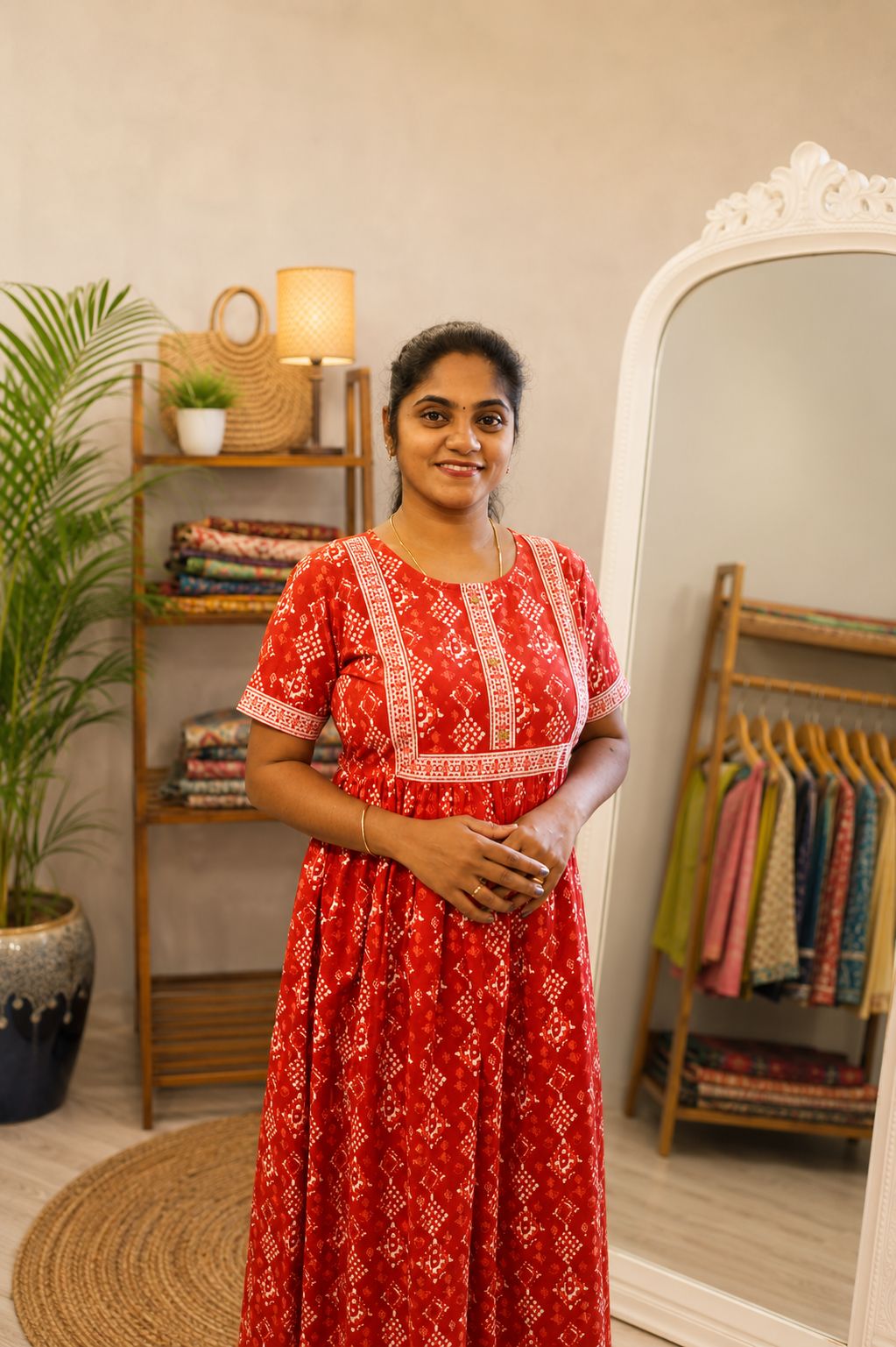 Cotton Printed Nighty Red Hand Block Design - Image 2