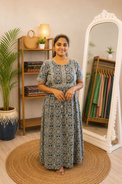 Cotton Printed Nighty Navy Blue Rangoli Design
