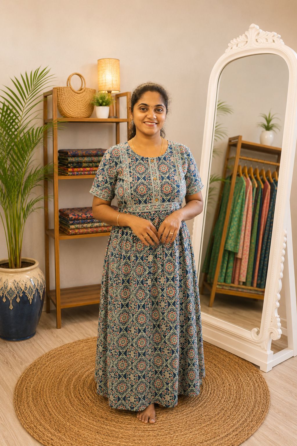 Cotton Printed Nighty Navy Blue Rangoli Design