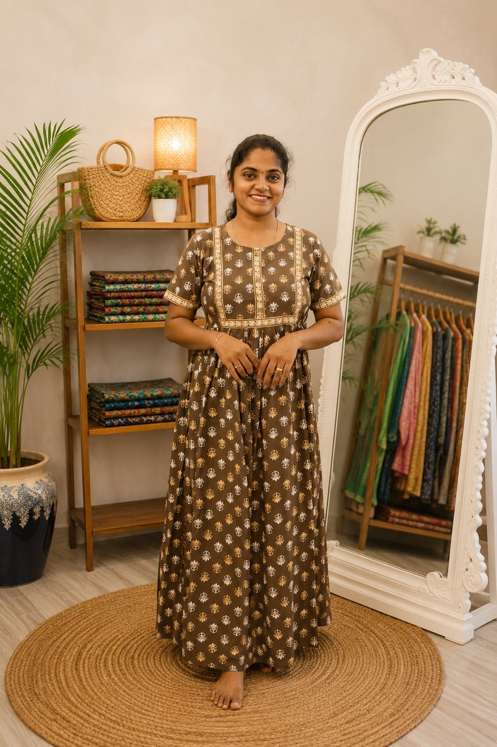 Cotton Printed Nighty Brown Floral - Image 2