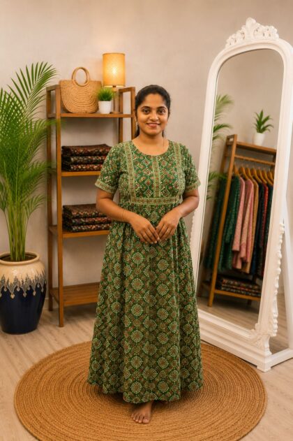 Cotton Printed Nighty Green Rangoli Design