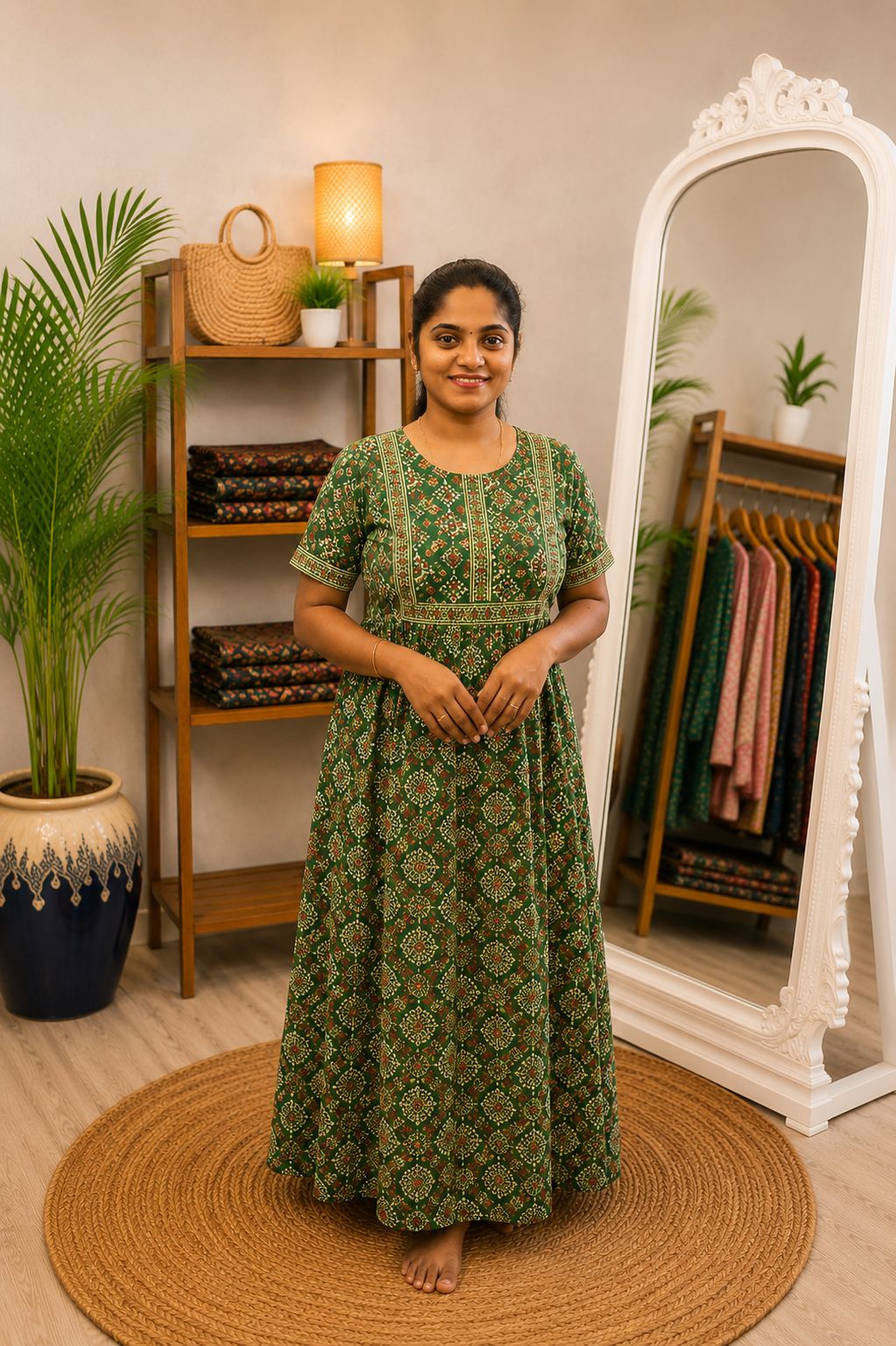Cotton Printed Nighty Green Rangoli Design