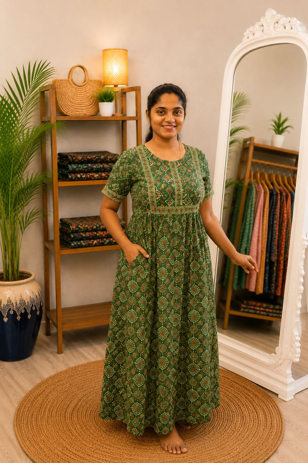Cotton Printed Nighty Green Rangoli Design - Image 2