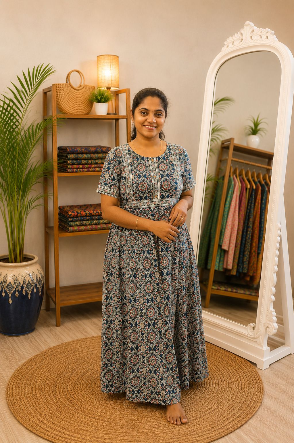 Cotton Printed Nighty Navy Blue Rangoli Design - Image 2