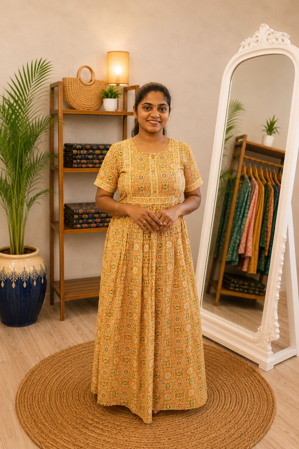 Cotton Printed Nighty Yellow Rangoli Design - Image 2