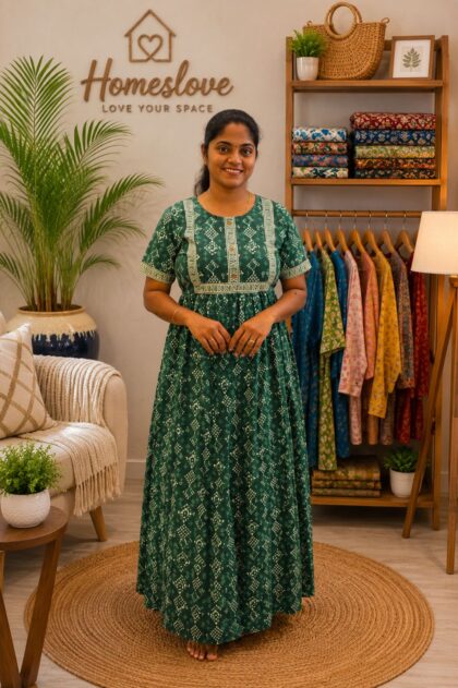 Cotton Printed Nighty Green Handblock Design