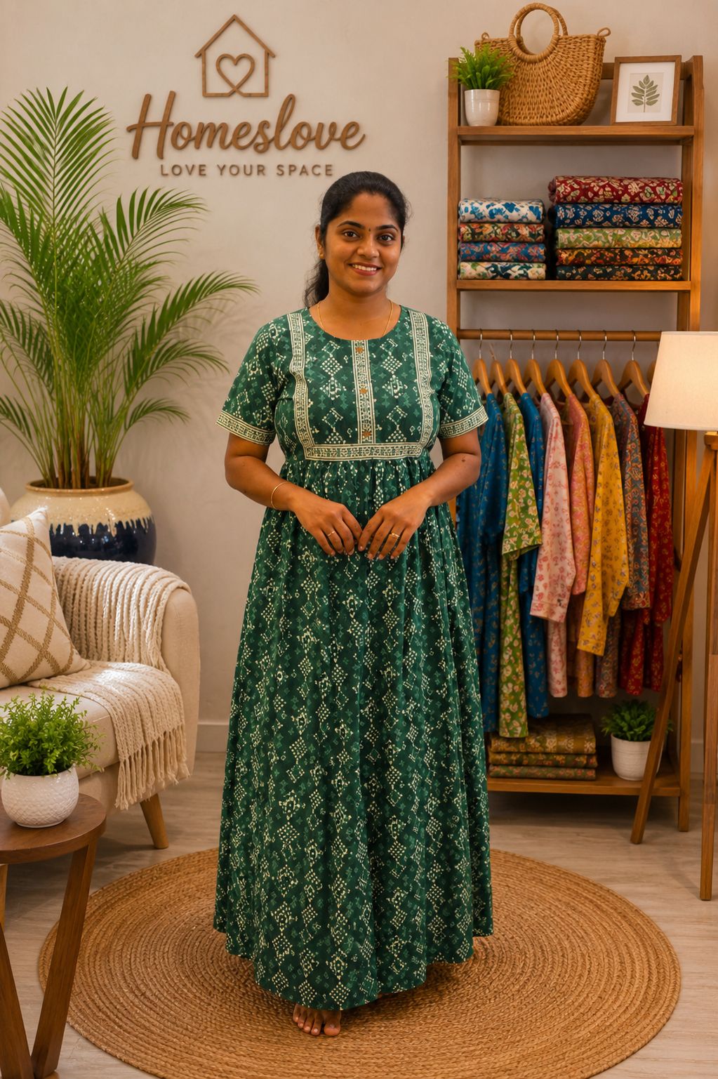 Cotton Printed Nighty Green Handblock Design