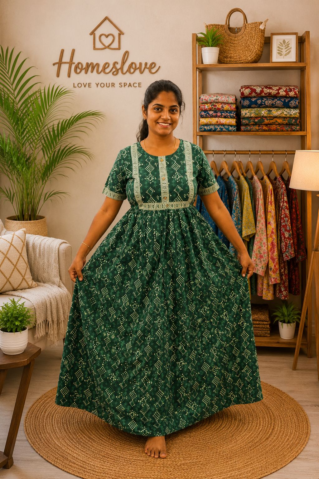 Cotton Printed Nighty Green Handblock Design - Image 2