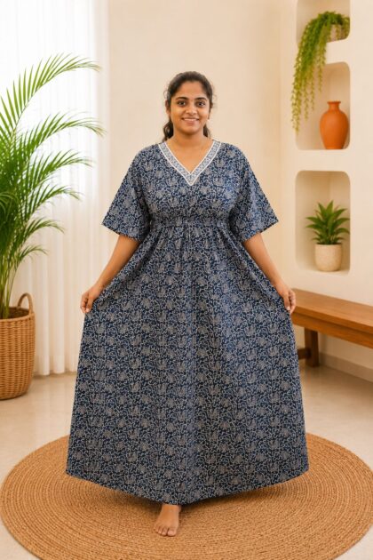 Cotton Kaftan NightGown Navy Blue Floral