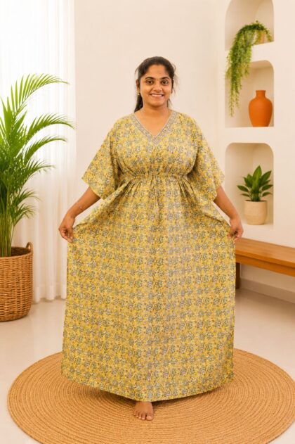 Cotton Kaftan Nightgown Yellow Kalamkari