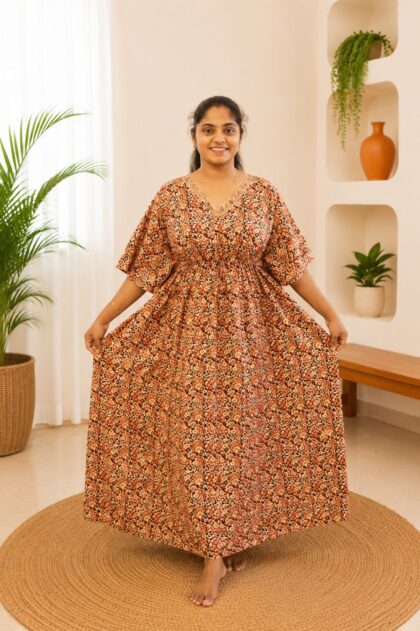 Cotton Kaftan Nightgown Black Kalamkari